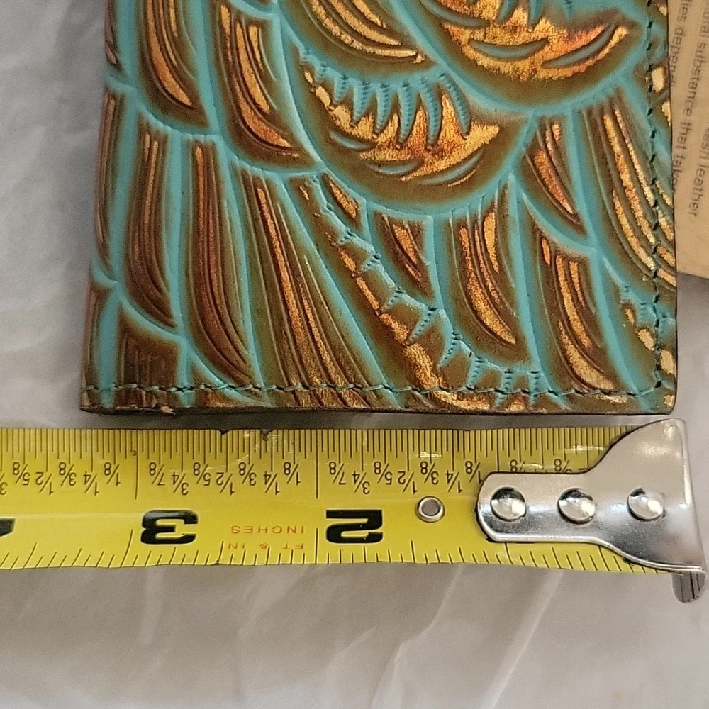 Patrcia Nash Turquoise Tooled Leather Wallet with Bronze Design RFID Protect